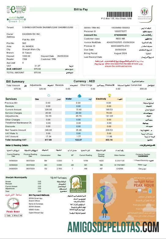 imprimível Emirados Árabes Unidos ABU DHABI DISTRIBUTION CO. Modelo Word e PDF de fatura de serviços públicos comerciais